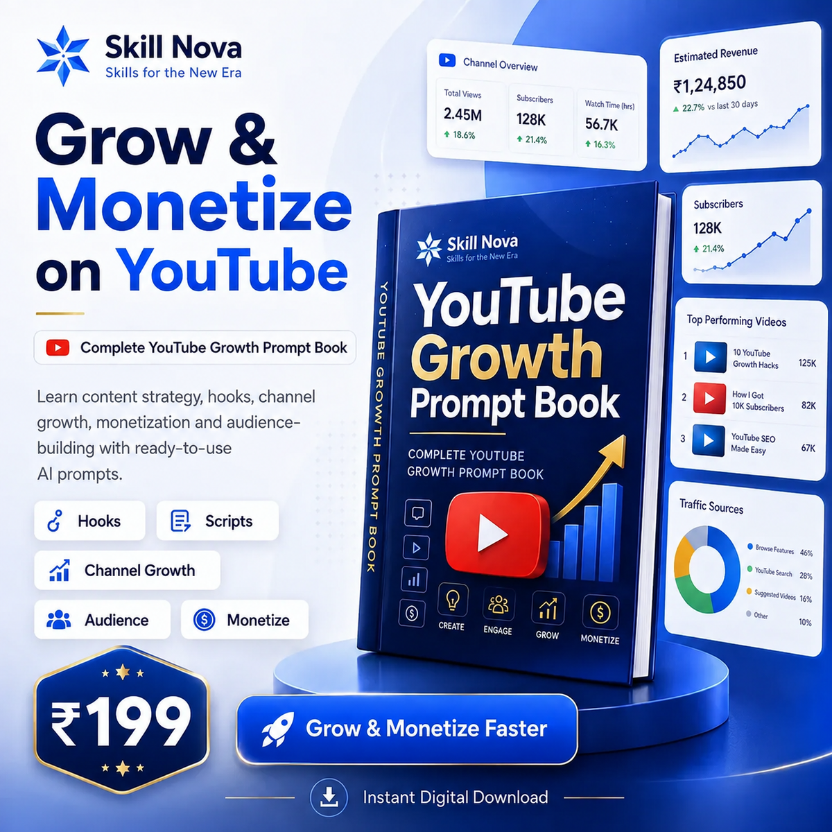 YouTube Growth & Monetization AI Prompt Book | Skill Nova